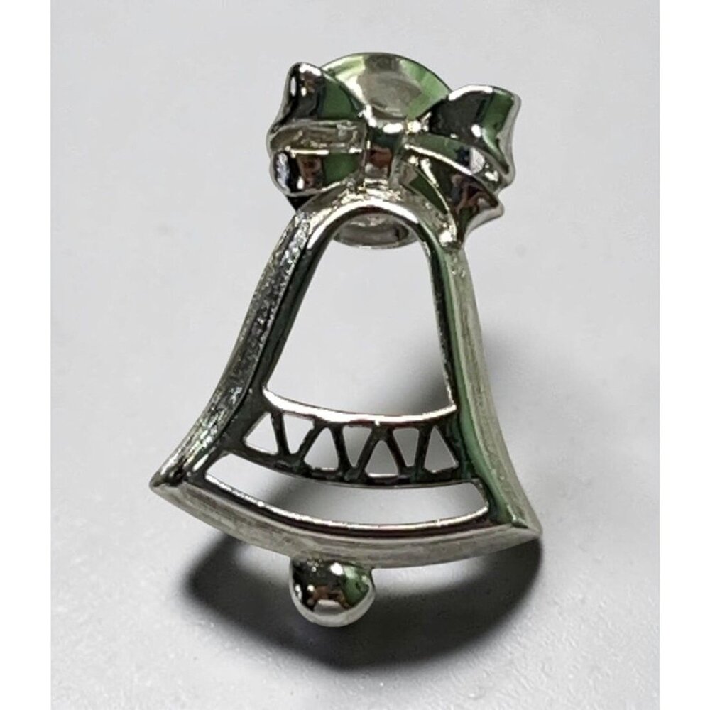 Silver Bell Christmas Pin Brooch Avon with Bow Accent Holiday Winter Openwork
